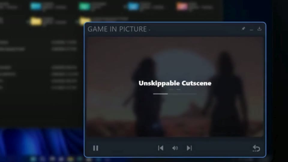 A cutscene playing inside the Game in Picture overlay while a file manager is open behind it.