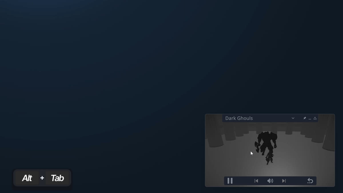 A desktop with the Game in Picture overlay showing a live view of the game Dark Ghouls after an Alt+Tab.