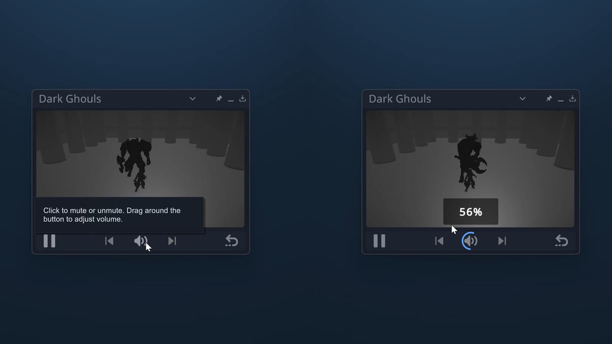 Two Game in Picture overlays side by side: one showing the mute tooltip, the other showing a 56 percent volume readout on the audio dial.